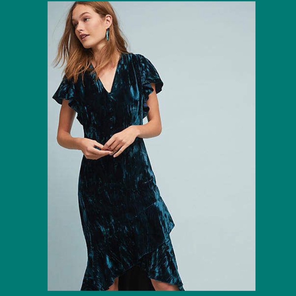 Rare HTF Anthropologie Shoshanna Barnet Teal Blue Crushed Velvet Dress Size 2